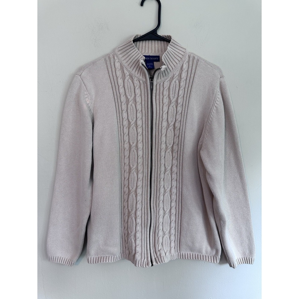 Natural Fibers Karen Scott 100% Cotton LARGE Zip Up Cable Knit Cardigan Oatmeal